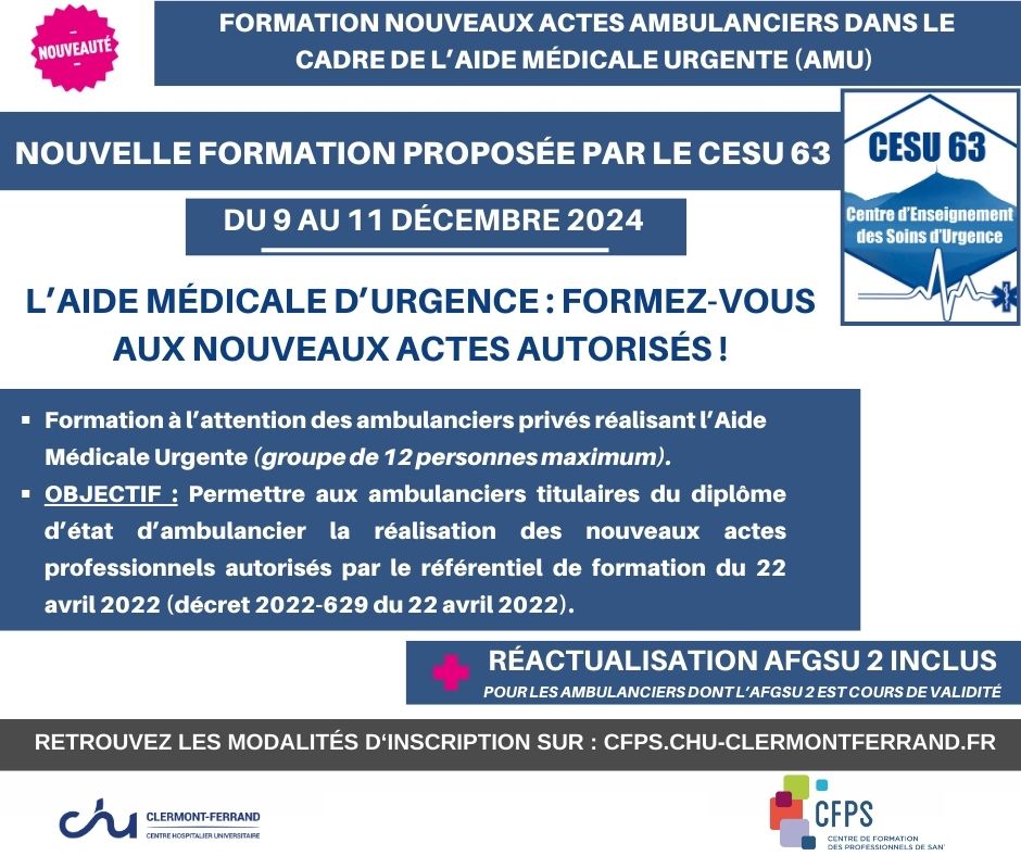 NOUVEAUTÉ FORMATION CESU 63 - L’Aide Médicale d’Urgence : formez-vous aux nouveaux actes autorisés !]